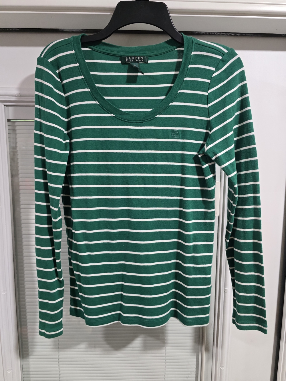 Ralph Lauren Green and White Striped Long-Sleeve Scoop Neck Top
